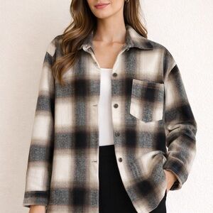 Plaid Button-Up Shacket in Cream, Black & Gray
